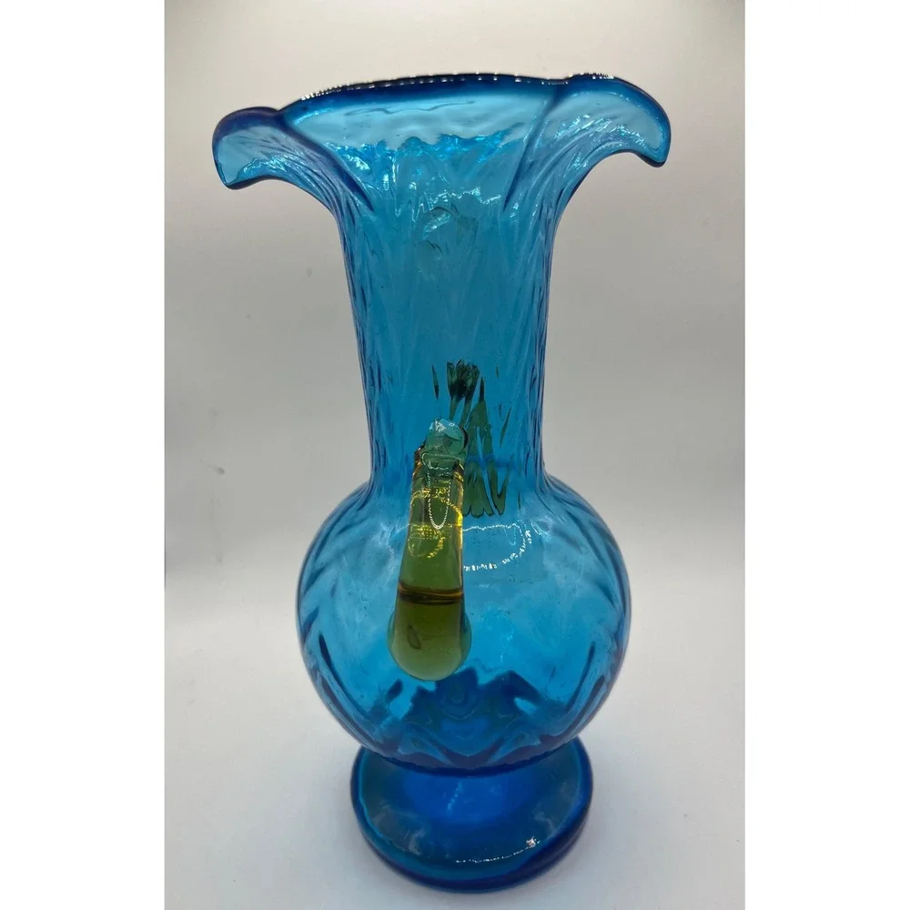 Vintage Empoli Blue Glass Vase with Yellow‎ Handles Ornate Accent Decor